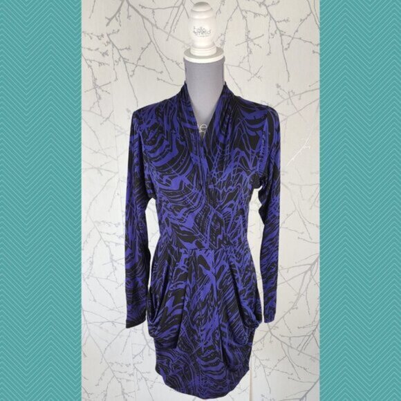 BCBGeneration Purple Artsy Abstract Print Faux Wrap Drape Dress Whimsigoth - Picture 1 of 4